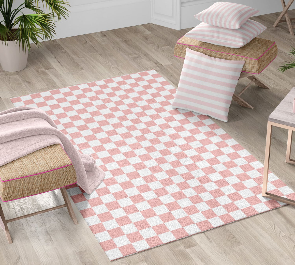 2024 Checkered pink rugs, Hand made rugs