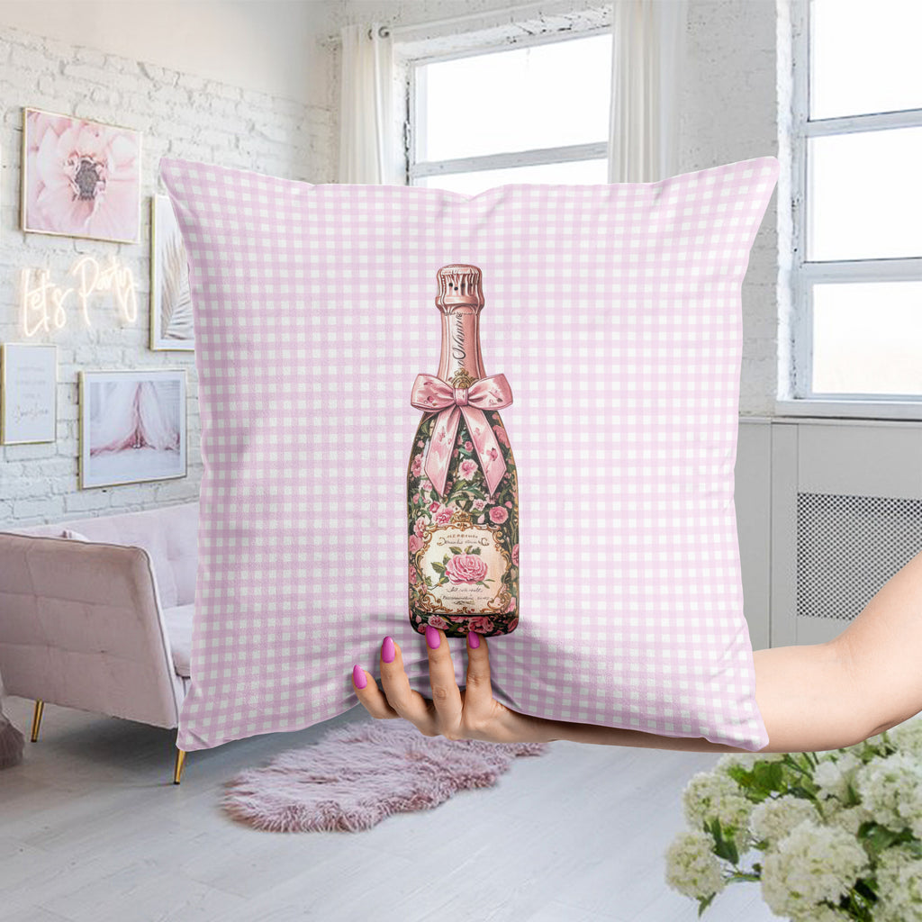 Pink Girly Coquette Throw Pillow with Champagne Bottles