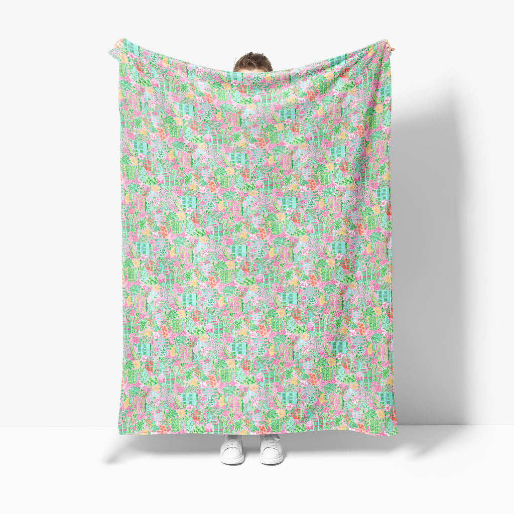 colorful preppy aesthetic blanket in a girl's hand