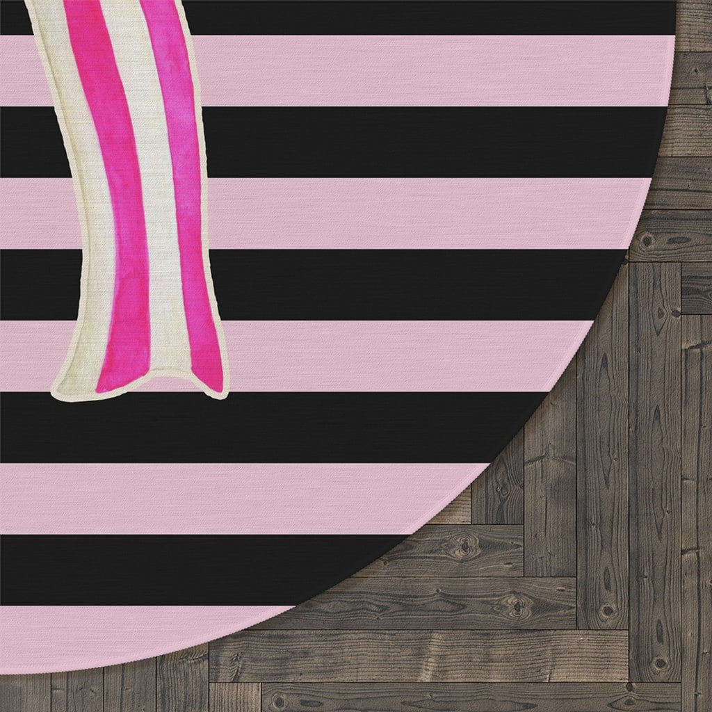 Black & Pink Striped Round Rug Pink Bow, Stylish Feminine Decor Rug