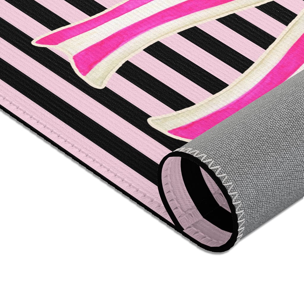 Black & Pink Striped Rug Pink Bow Stylish Feminine Glam Room Decor Rug