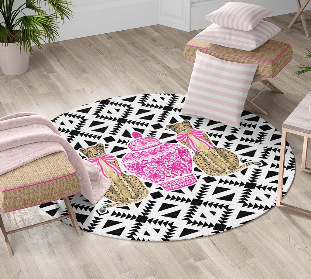 Black and White Round Rug Pink Cheetah, Preppy Room Decor Rug