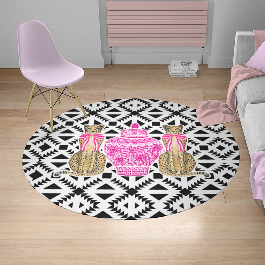 Black and White Round Rug Pink Cheetah, Preppy Room Decor Rug