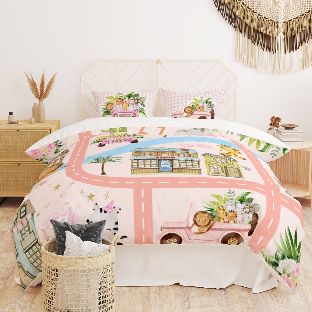 City Safari Adventure Duvet Cover, Cute Bedding for Kids with Animals
