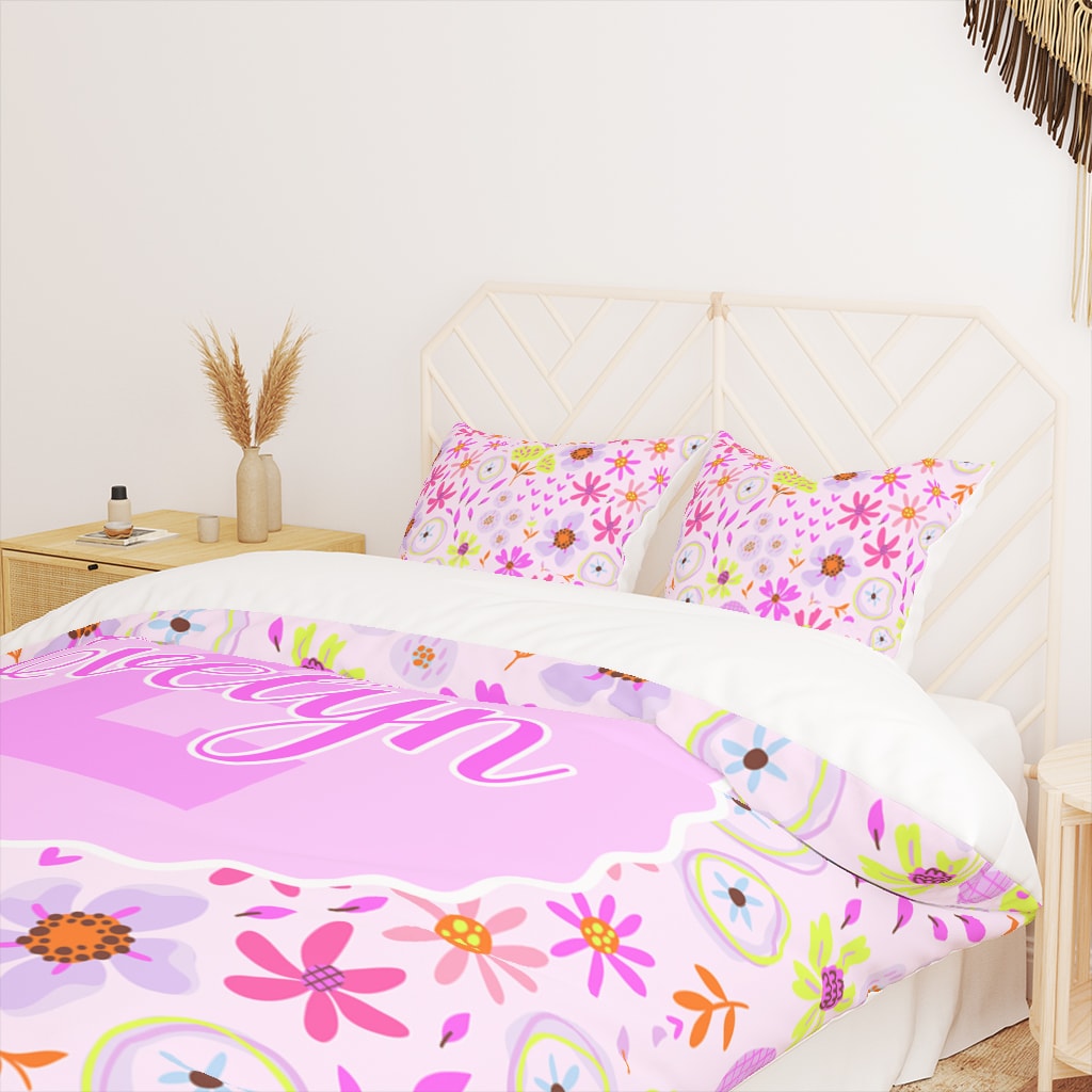 Custom Name Duvet Cover Girls Pink Floral, Cute Bedding for Girls