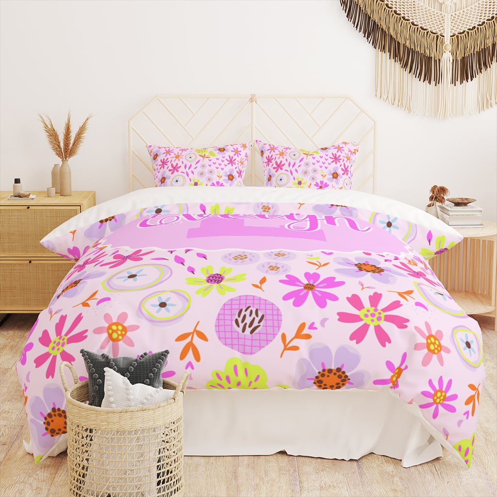 Custom Name Duvet Cover Girls Pink Floral, Cute Bedding for Girls