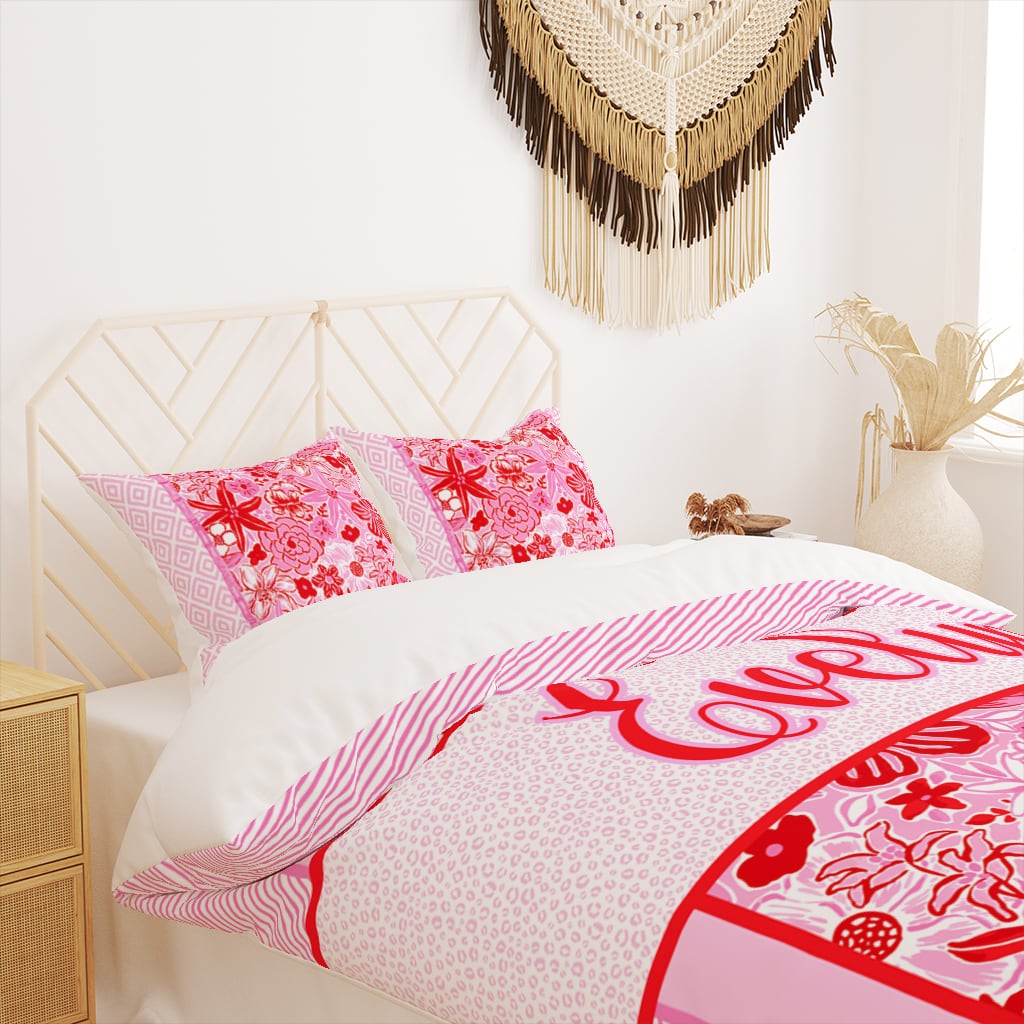 Custom Duvet Cover Floral Pink Red, Personalized Dorm Bedding for Girl