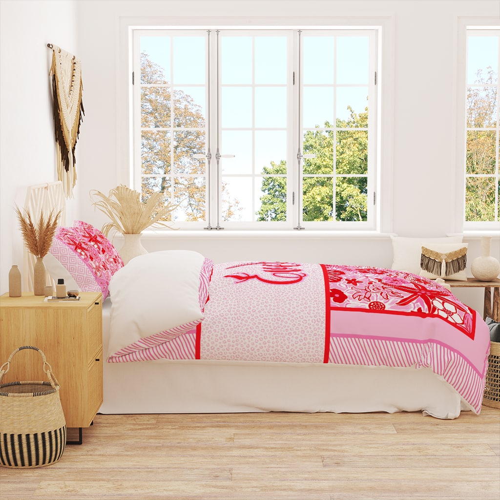 Custom Duvet Cover Floral Pink Red, Personalized Dorm Bedding for Girl