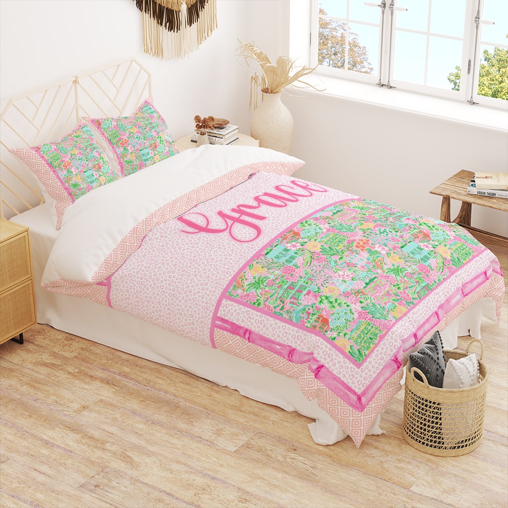 Custom Duvet Cover Preppy Vacay, Personalized Dorm Bedding for Girls