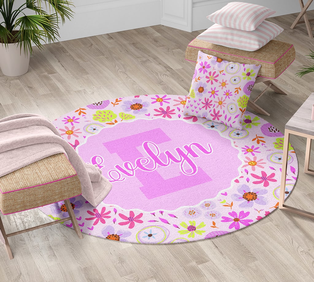 Custom Name Round Rug Blossom Bliss, Pink Nursery Rugs Girl with Name