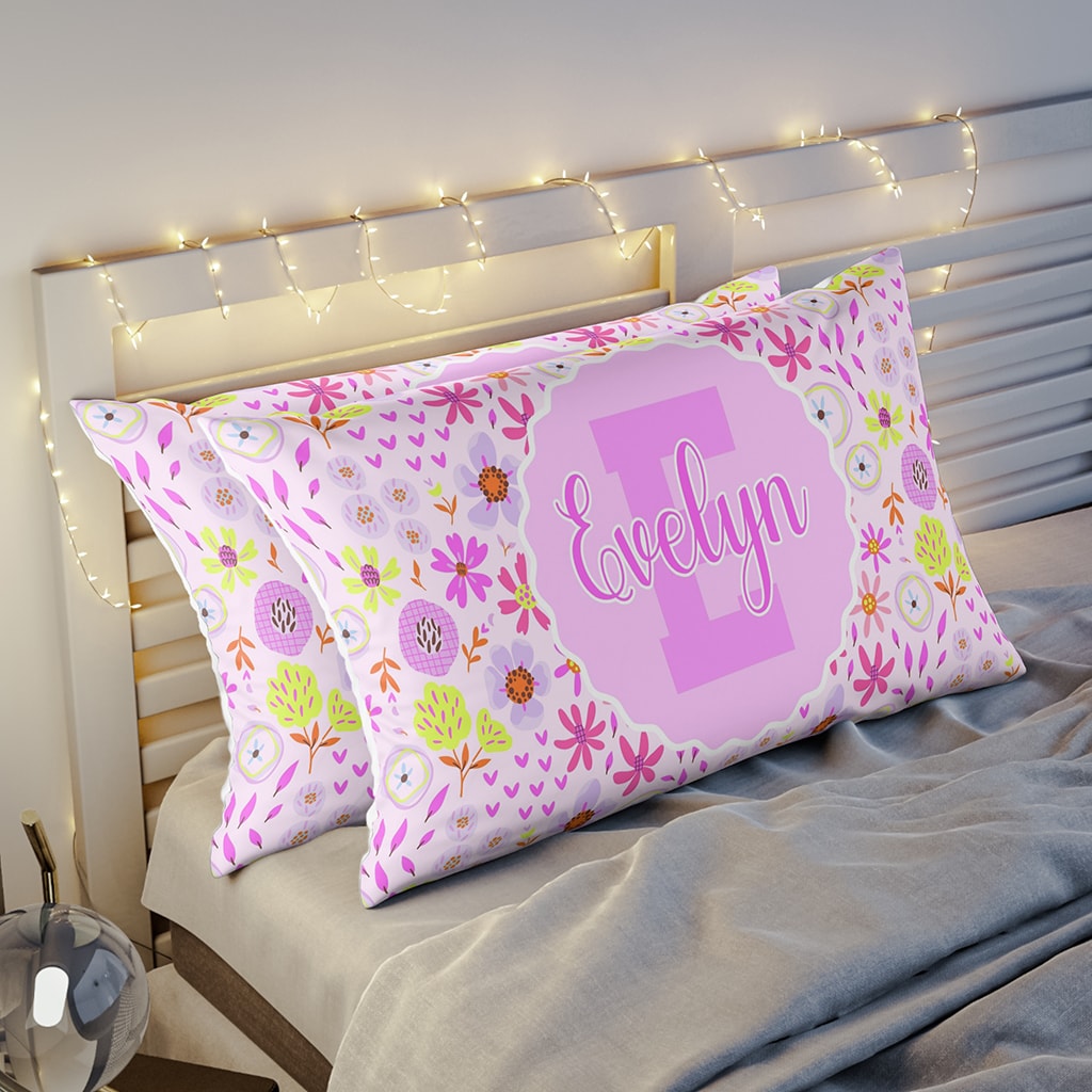 Custom Name Pillow Sham Blossom Bliss, Floral Pink Personalized Pillow