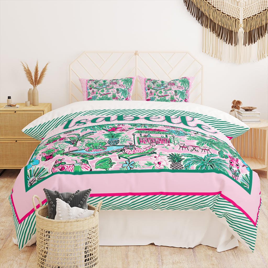 Custom Preppy Duvet Cover Jungle, Personalized Dorm Bedding with Name