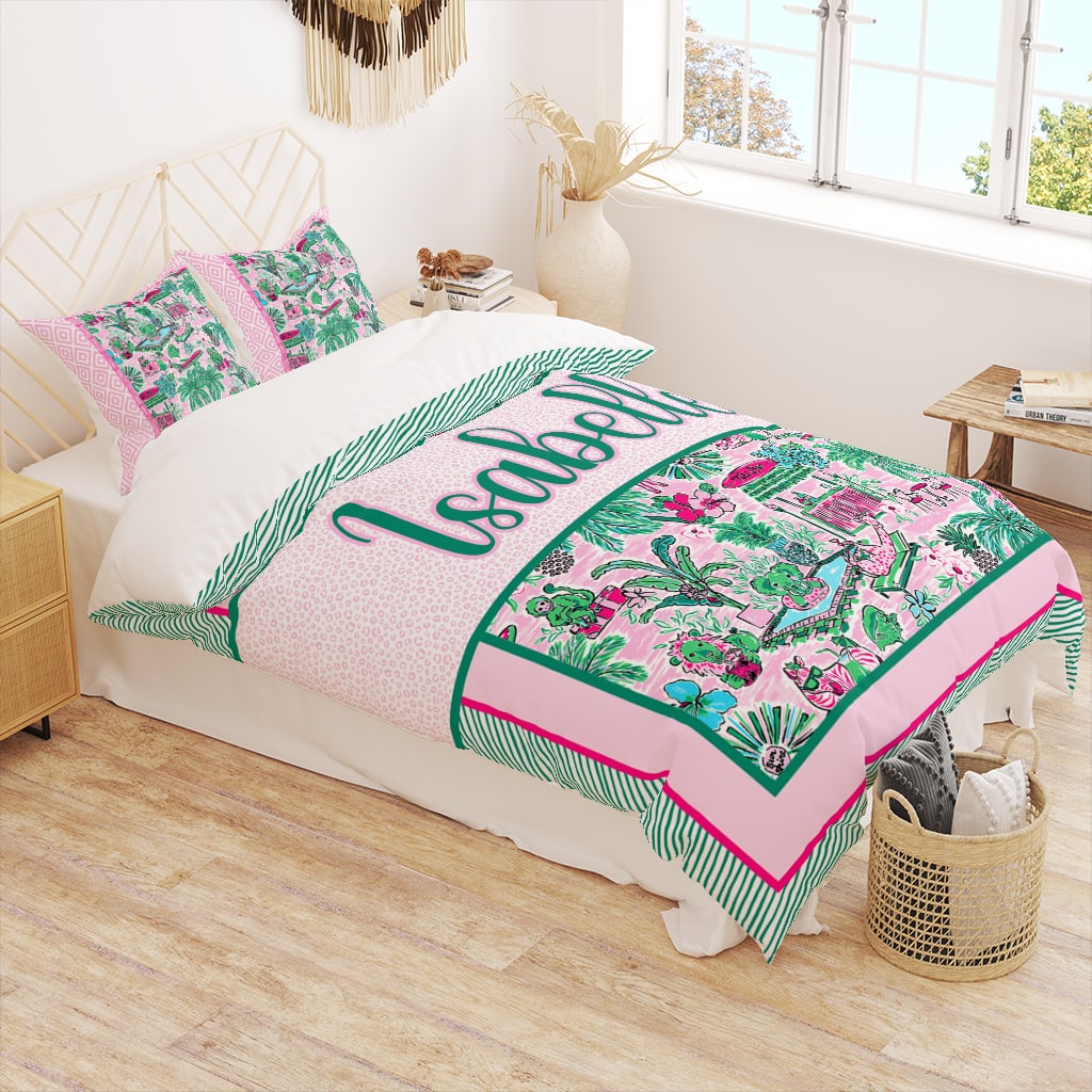Custom Preppy Duvet Cover Jungle, Personalized Dorm Bedding with Name