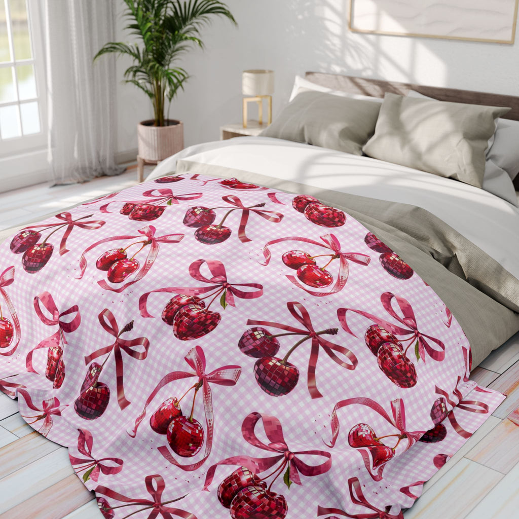 Pink Cherry Disco Ball Blanket – Cozy Coquette Aesthetic for Trendy Teen Bedrooms