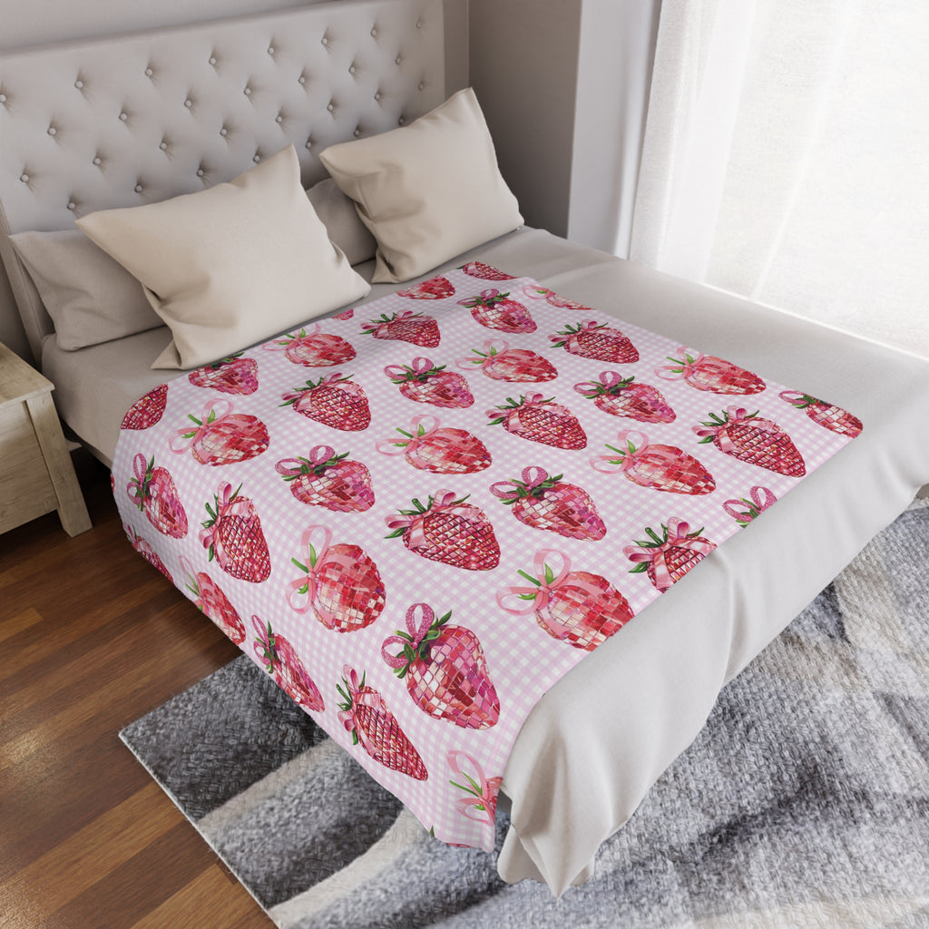 Pink Strawberry Disco Ball Blanket, Coquette Aesthetic Trendy Decor