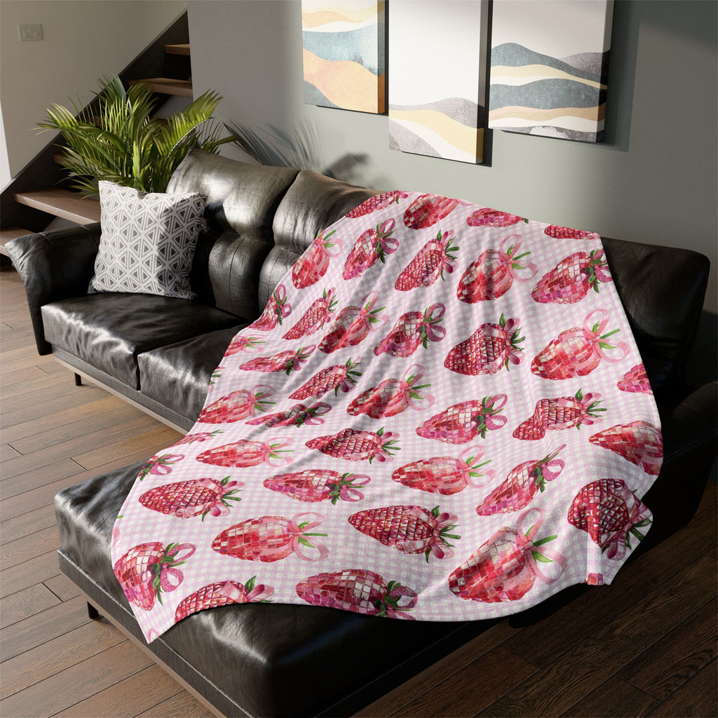 Pink Strawberry Disco Ball Blanket, Coquette Aesthetic Trendy Decor