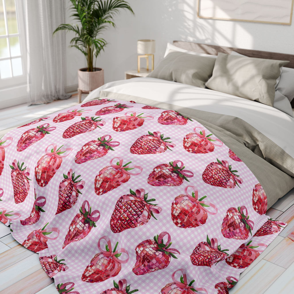 Pink Strawberry Disco Ball Blanket, Coquette Aesthetic Trendy Decor