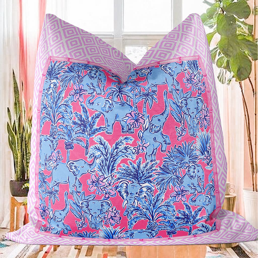 Elephants Preppy Throw Pillow, Blue and Pink Cute Preppy Decor Pillows