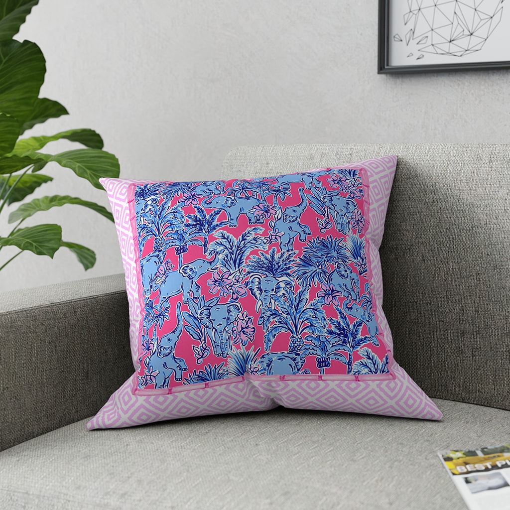 Elephants Preppy Throw Pillow, Blue and Pink Cute Preppy Decor Pillows