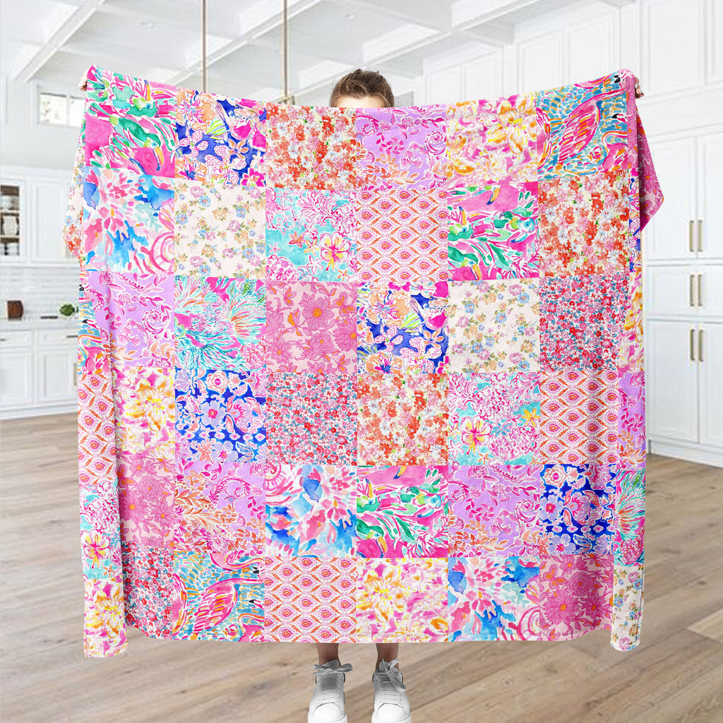 Colorful Floral Blanket, Preppy Blanket, Pink Aesthetic Blanket
