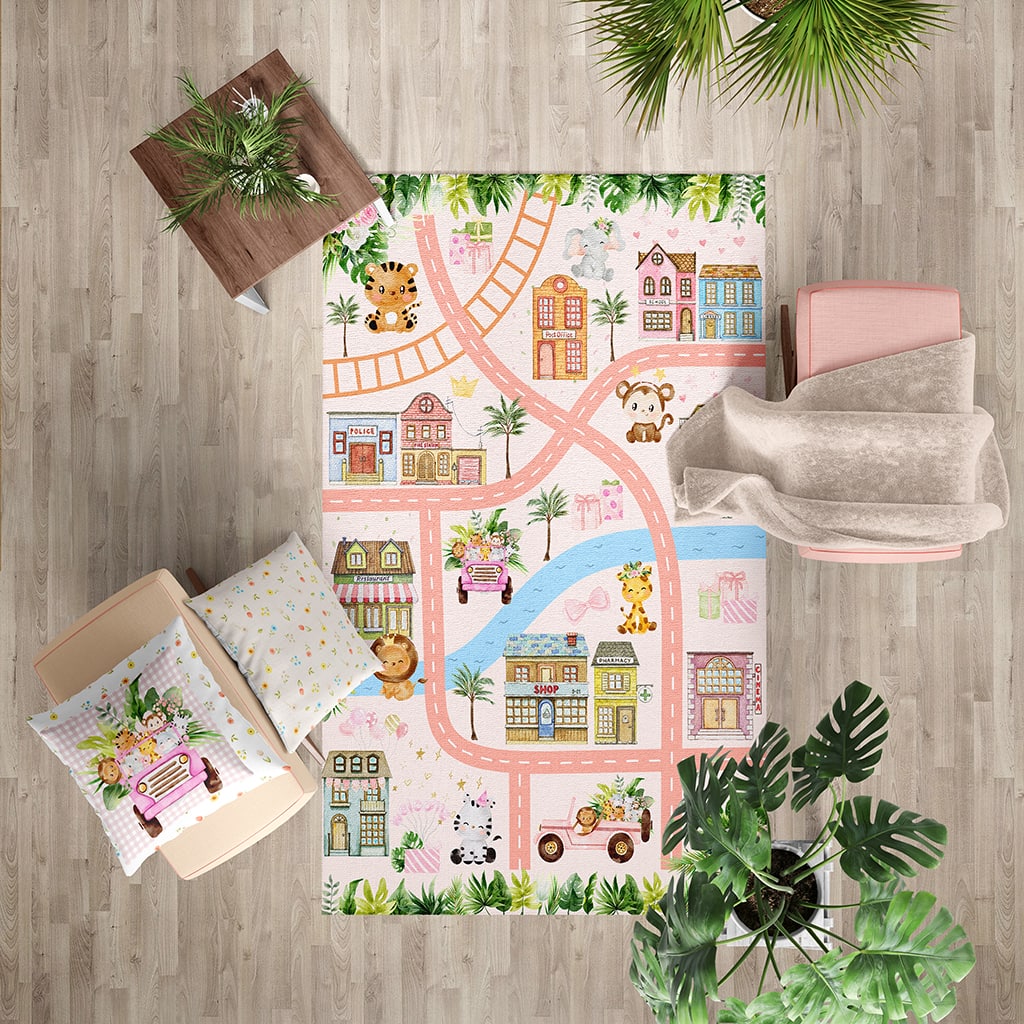 Imaginative Cityscape Nursery Rugs, Play Mat for Kids with Animals