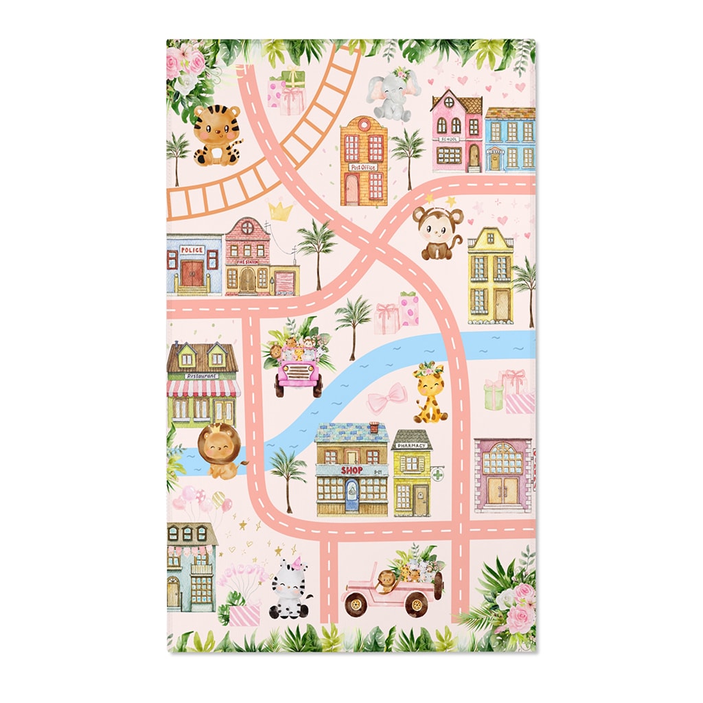 Imaginative Cityscape Nursery Rugs, Play Mat for Kids with Animals