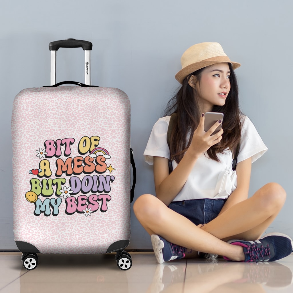 Cute Luggage Cover for Women with Pink Cheetah Print and Cute Illustration: bit of a mess but doin' my best