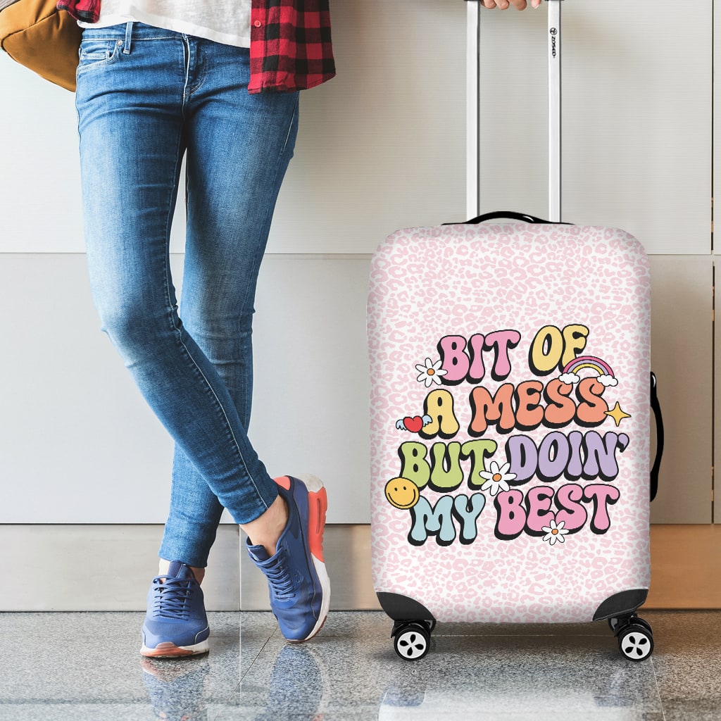 Cute Luggage Cover for Women with Pink Cheetah Print and Cute Illustration: bit of a mess but doin' my best