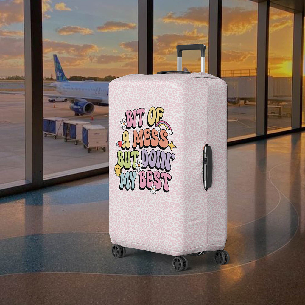 Cute Luggage Cover for Women with Pink Cheetah Print and Cute Illustration: bit of a mess but doin' my best