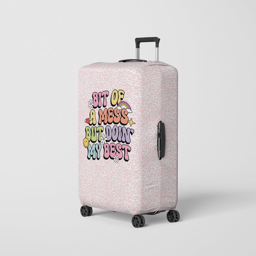 Cute Luggage Cover for Women with Pink Cheetah Print and Cute Illustration: bit of a mess but doin' my best