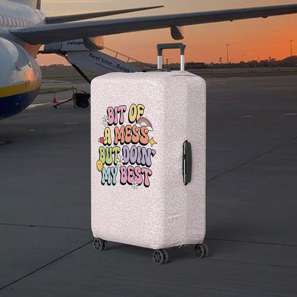 Cute Luggage Cover for Women with Pink Cheetah Print and Cute Illustration: bit of a mess but doin' my best