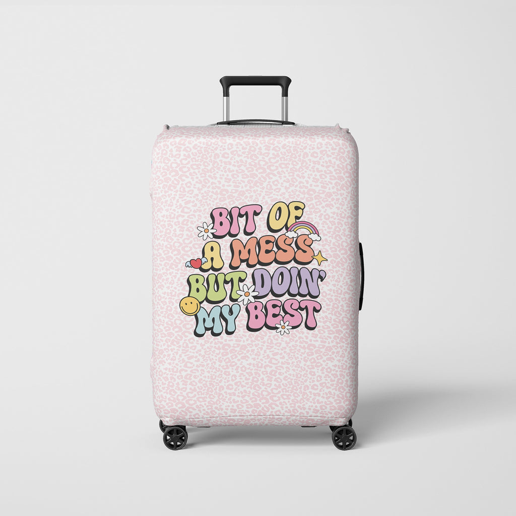 Cute Luggage Cover for Women with Pink Cheetah Print and Cute Illustration: bit of a mess but doin' my best