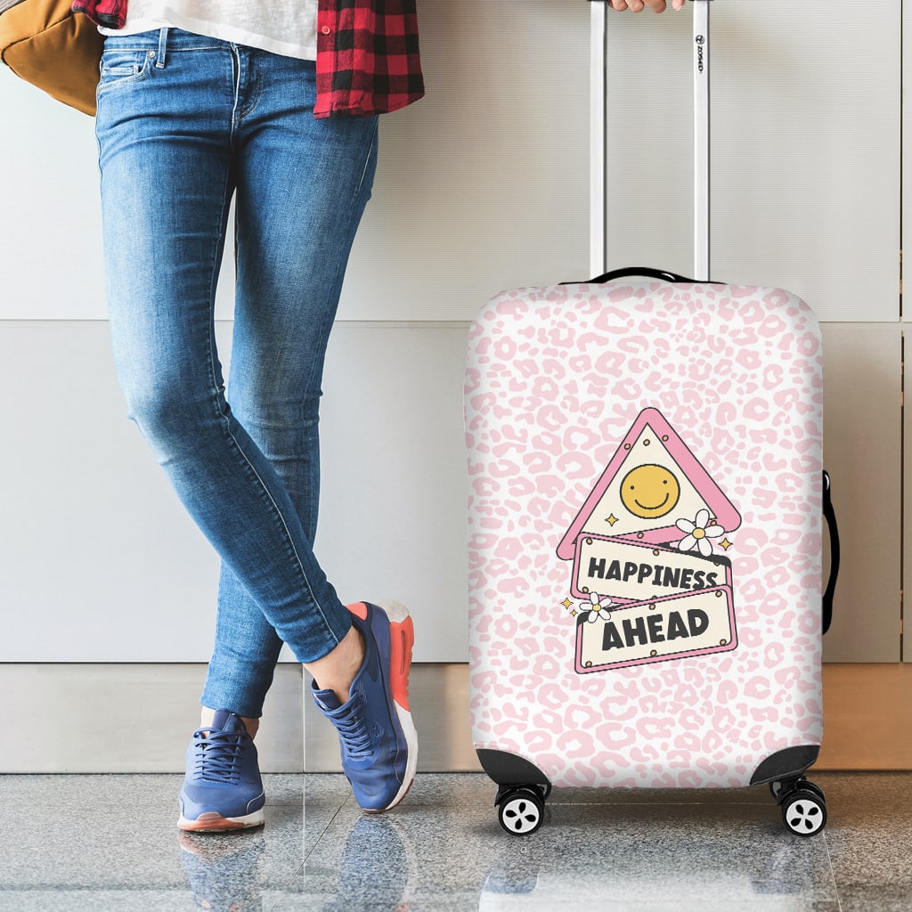 Luggage Cover Pink Cheetah Print and Cute Happiness Illustration