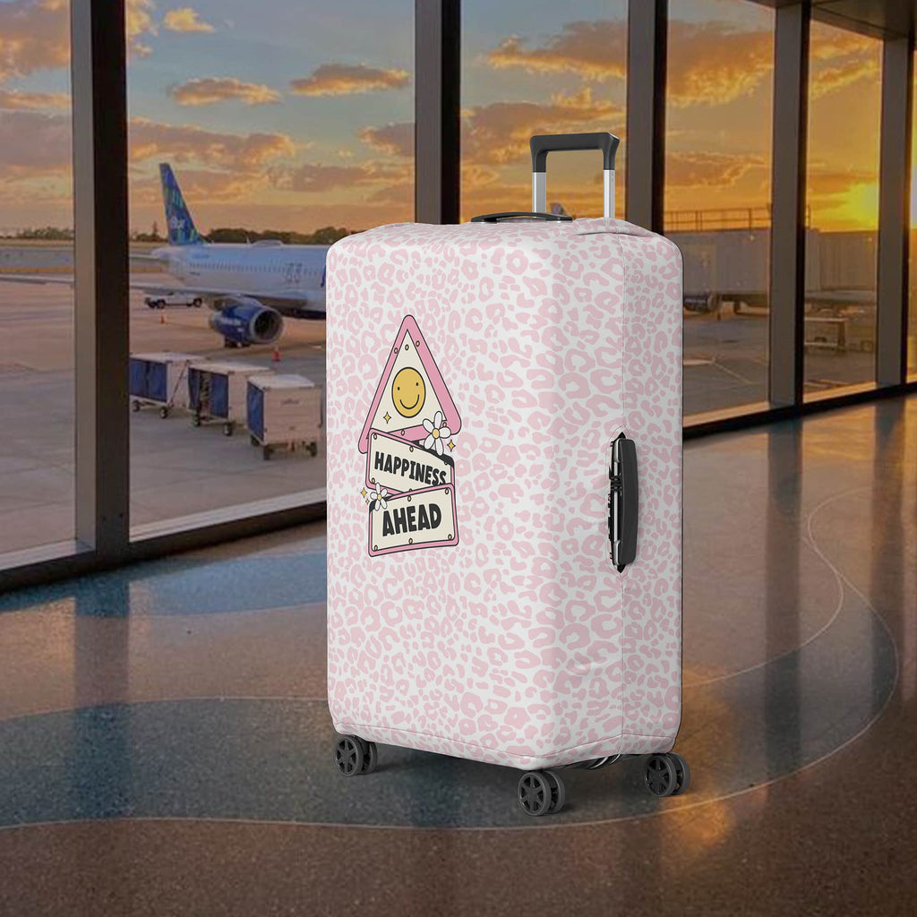 Luggage Cover Pink Cheetah Print and Cute Happiness Illustration