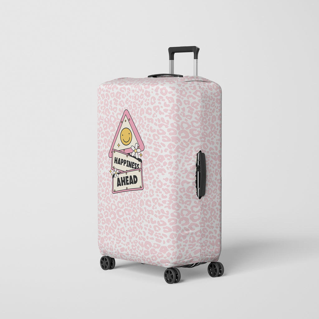 Luggage Cover Pink Cheetah Print and Cute Happiness Illustration