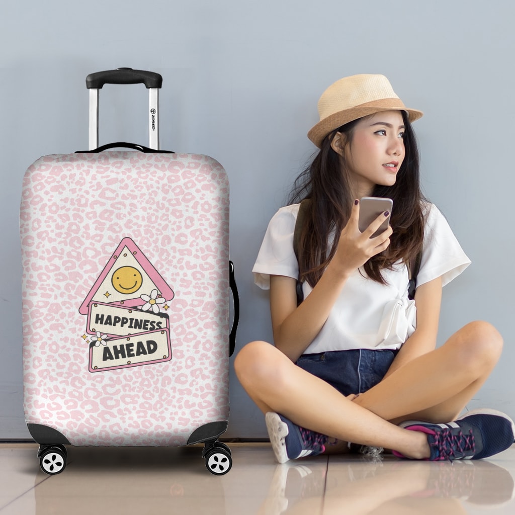 Luggage Cover Pink Cheetah Print and Cute Happiness Illustration