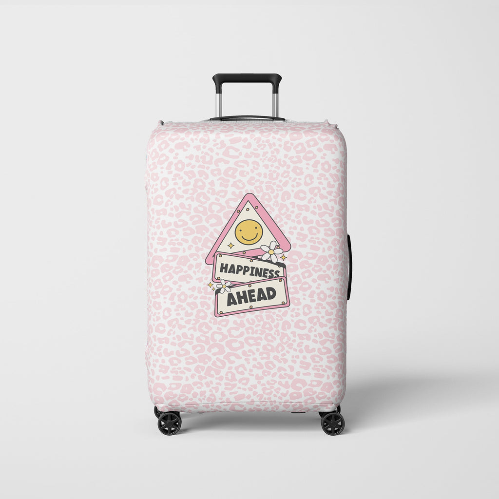 Luggage Cover Pink Cheetah Print and Cute Happiness Illustration