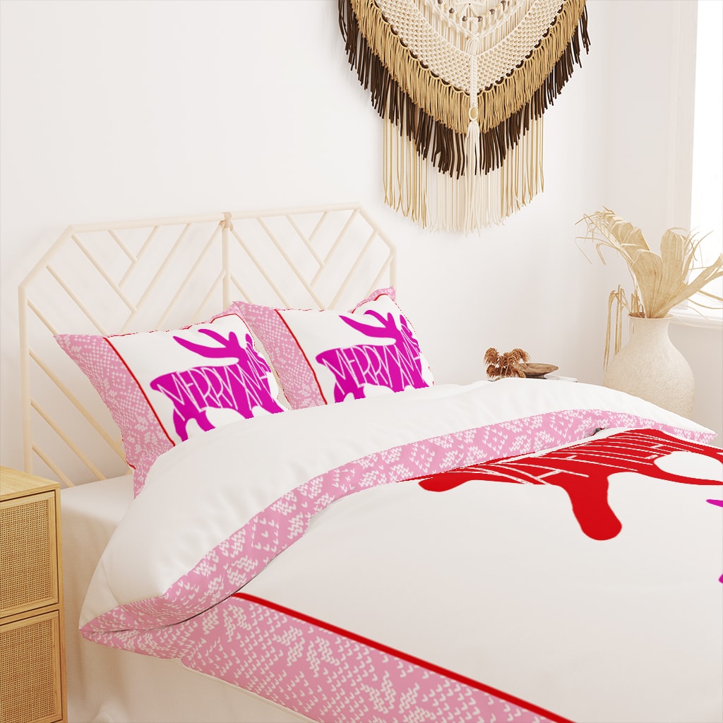 Merry XMas Ya Christmas Duvet Cover, Pink Christmas Bedroom Decor