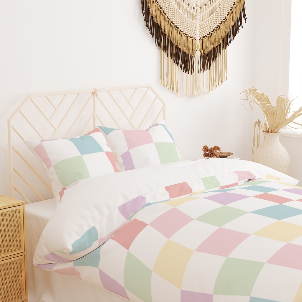 Pastel Check Duvet Cover, Checkered Bedding, Pastel Dorm Room