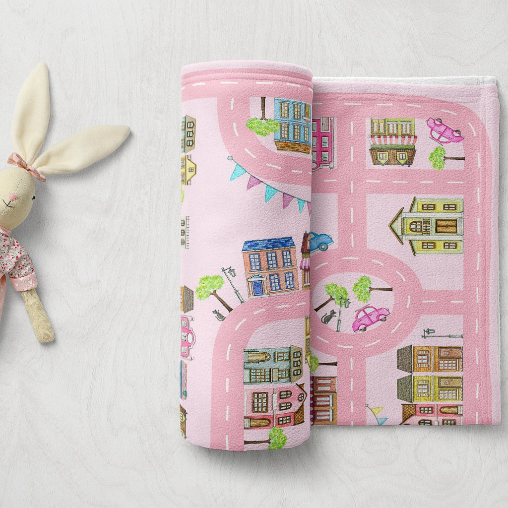 Pink Cozy Blanket with City Road to Play, Baby Shower Gift for Girls