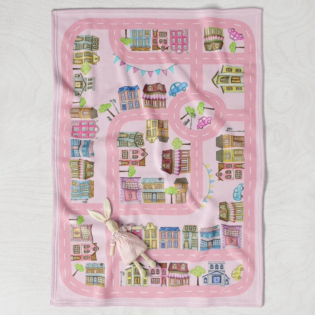 Pink Cozy Blanket with City Road to Play, Baby Shower Gift for Girls