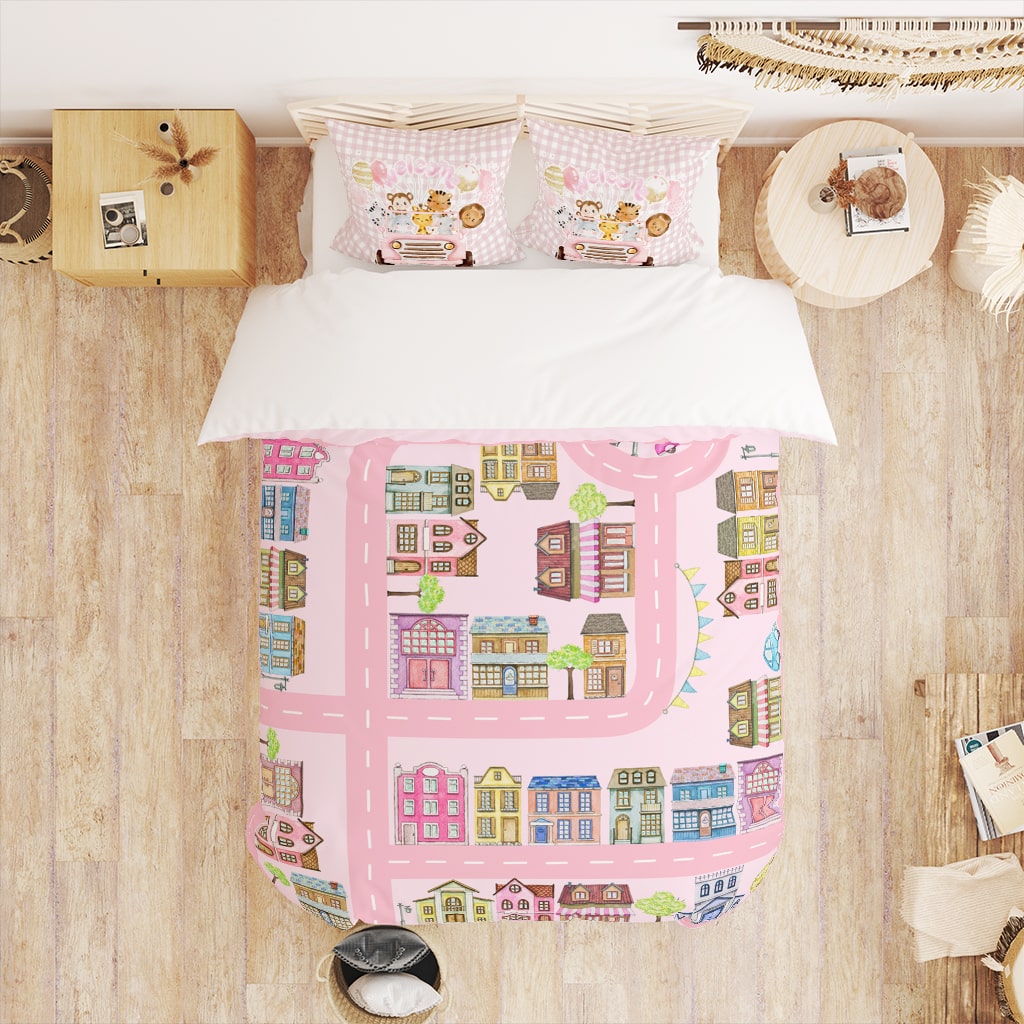 Pink City Duvet Cover for Childrens Bed, Kids Bedding, Toddler Bedding