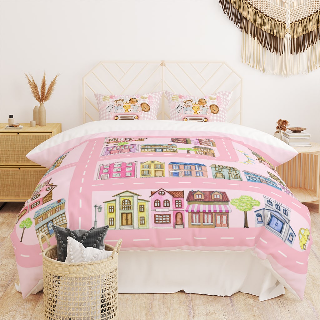 Pink City Adventure Duvet Cover, Cute Bedding for Kids with City Roads