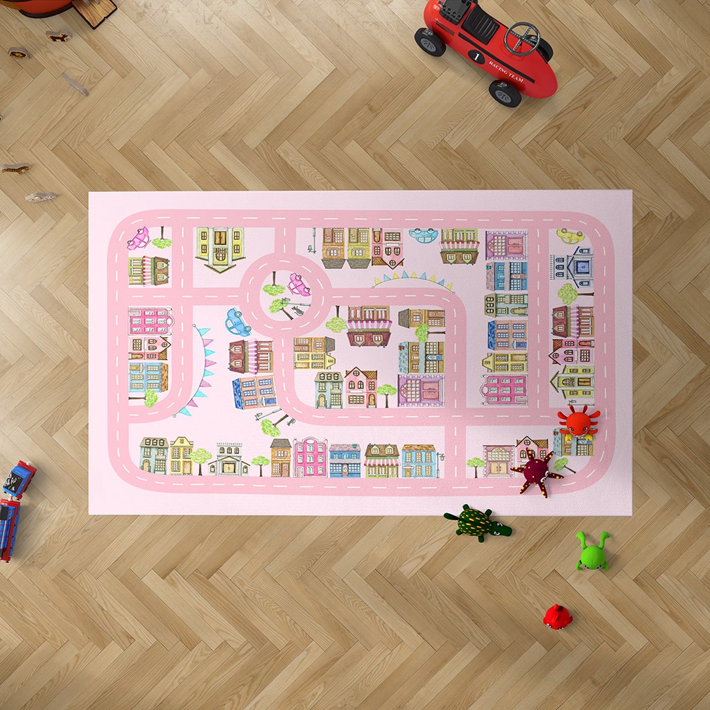 Pink City Play Rug with Roads for Cars, Pink Nursery Rug for Playrooms