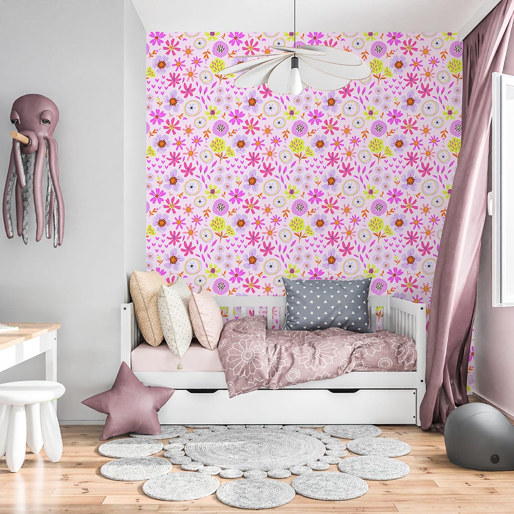 Pink Floral Wallpaper Blossom, Pink Kids Wallpaper for Girls Nursery