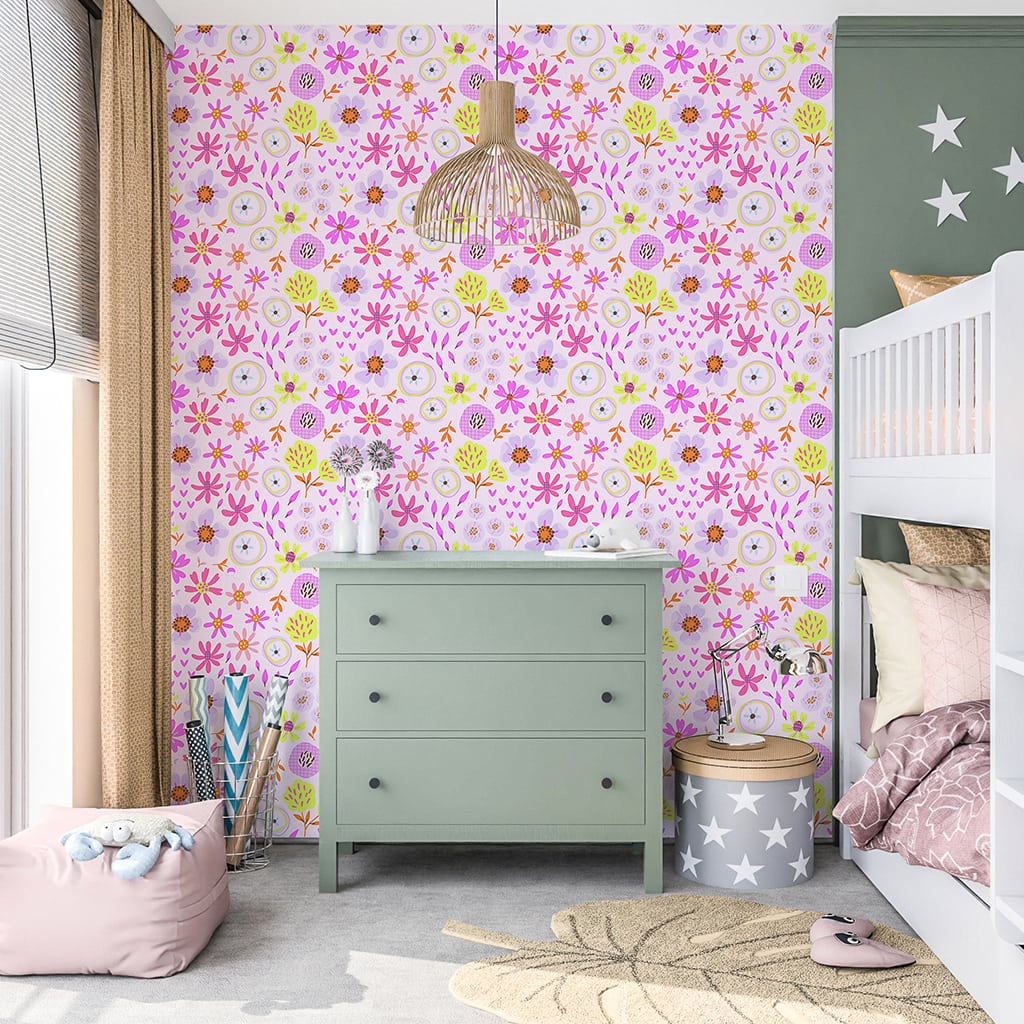 Pink Floral Wallpaper Blossom, Pink Kids Wallpaper for Girls Nursery