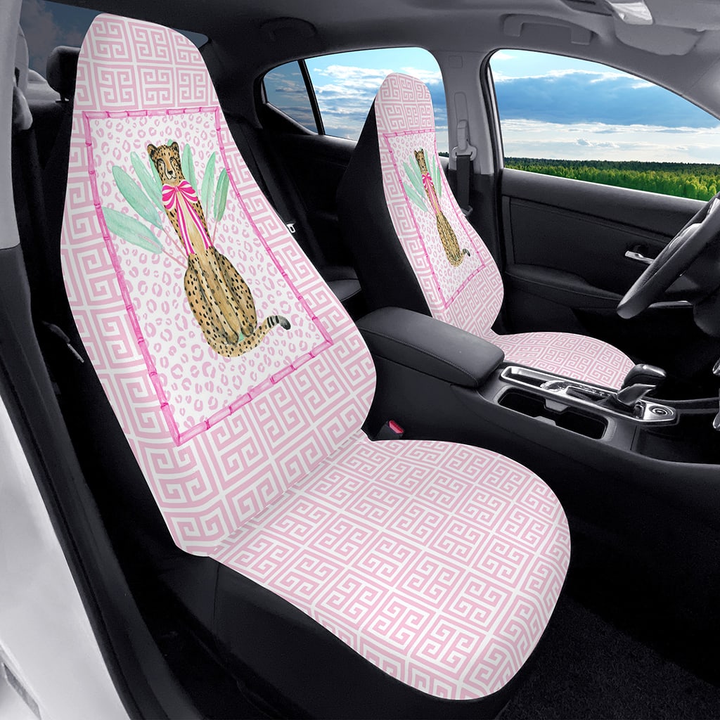 Pink Preppy Cheetah Car Seat Covers, Pink Car Decor Accessories