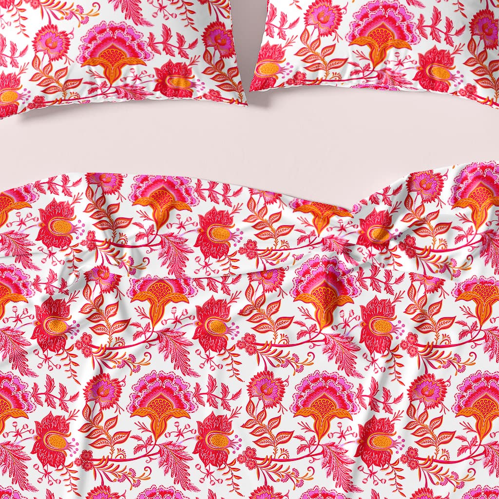 Pink Floral Block Print Duvet Cover, Cute Preppy Teen Girl Bedding 