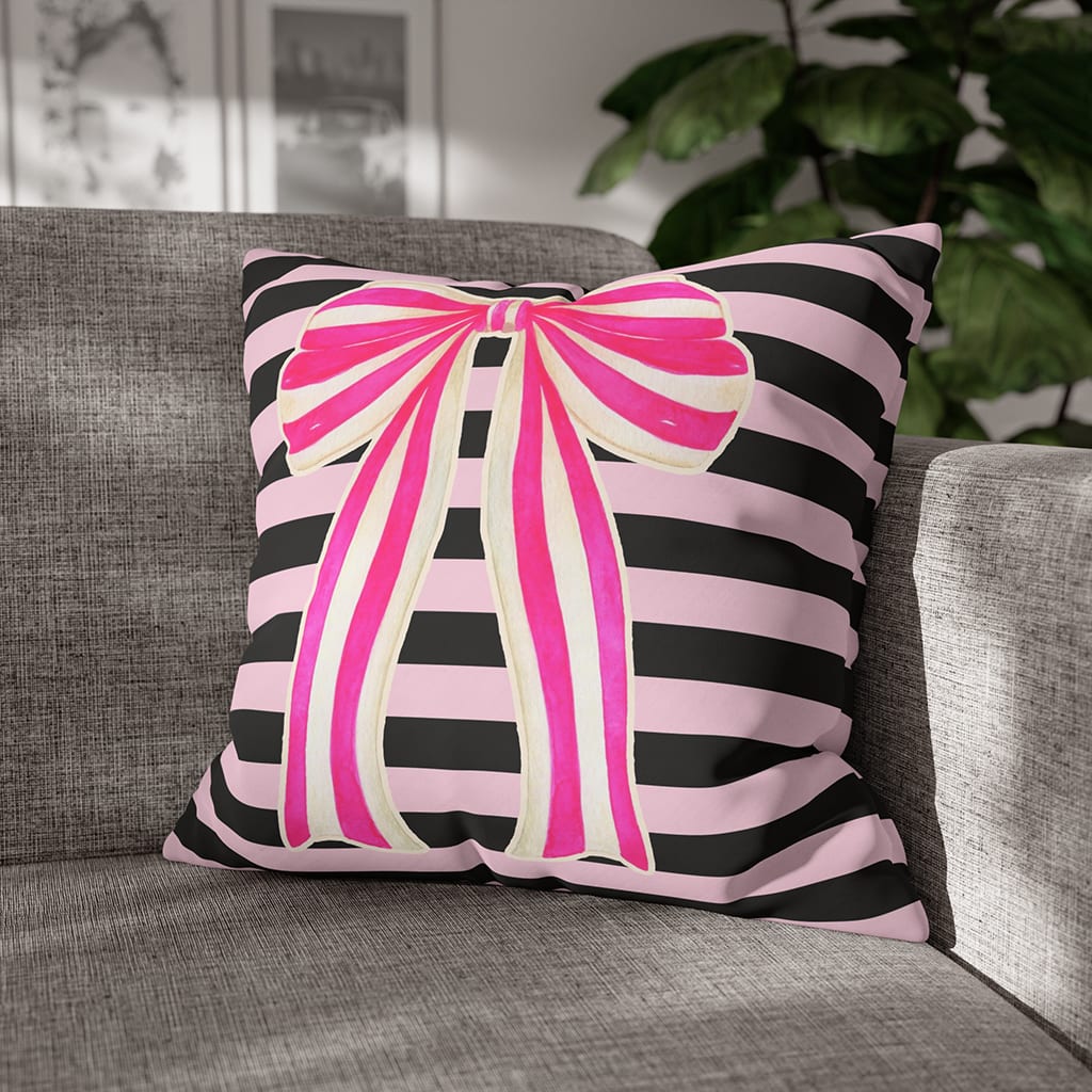 Black & Pink Ribbon Throw Pillow Pink, Stylish Glam Room Decor Pillow