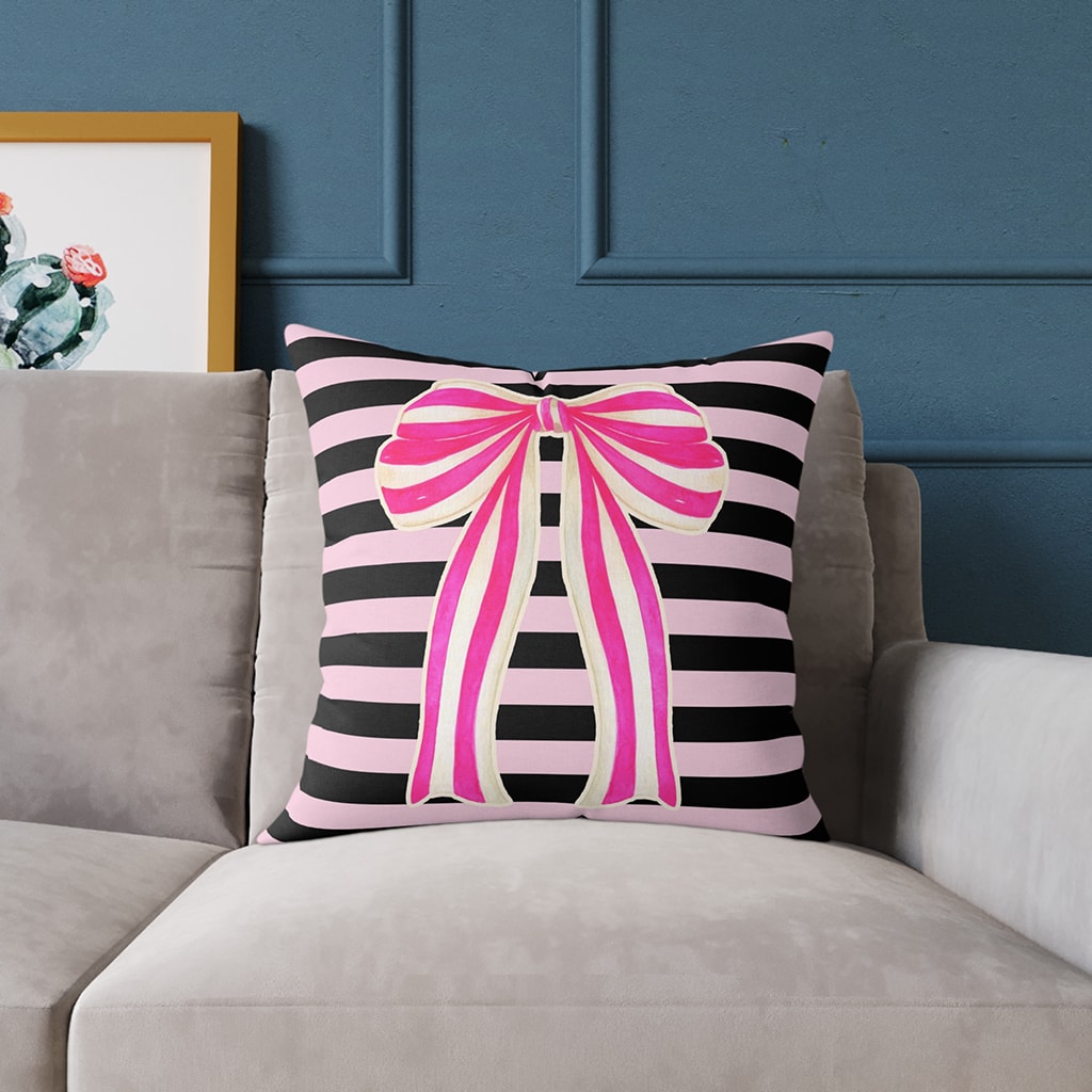 Black & Pink Ribbon Throw Pillow Pink, Stylish Glam Room Decor Pillow